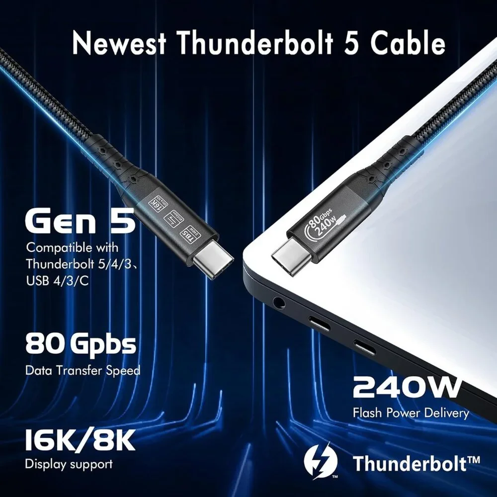 Thunderbolt 5 Cable 3.3ft USB 4 High Speed USB-C 120Gbps Bandwidth 240W PD3.1